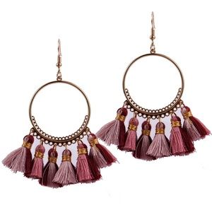 Boho Maroon, Mauve, Rose, Gold Tassel Earrings